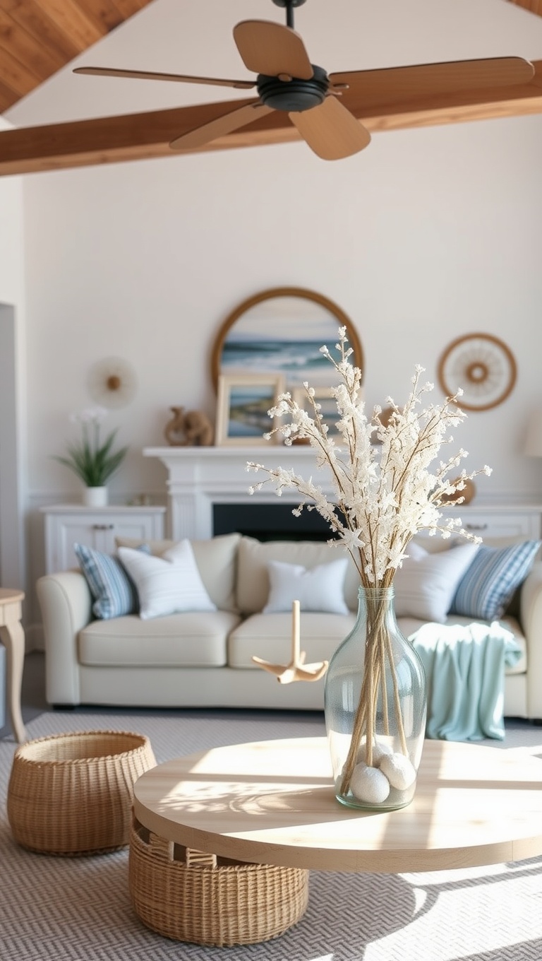 20 Breezy Ideas for Your Airy Coastal Living Room - 17. DIY Beach-Inspired Centerpieces