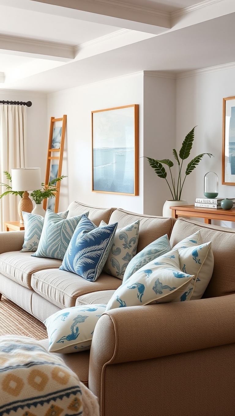20 Breezy Ideas for Your Airy Coastal Living Room - 12. Throw Pillows in Ocean-Inspired Patterns