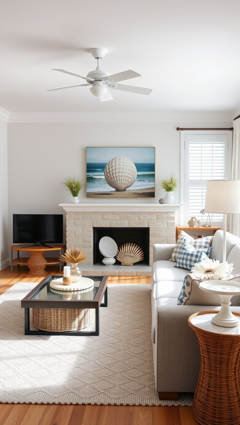 20 Breezy Ideas for Your Airy Coastal Living Room - 8. Seashell Decor for a Fun Twist