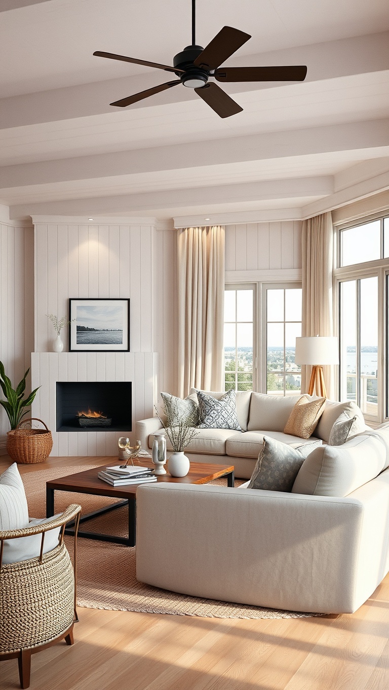 20 Breezy Ideas for Your Airy Coastal Living Room - 19. Layered Lighting for a Warm Atmosphere
