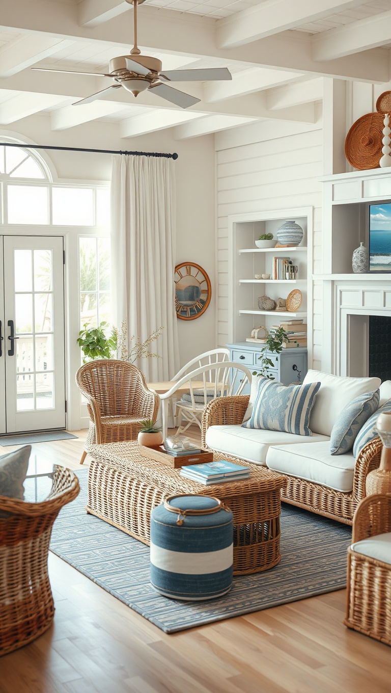 20 Breezy Ideas for Your Airy Coastal Living Room - 6. Wicker Furniture for a Nautical Touch