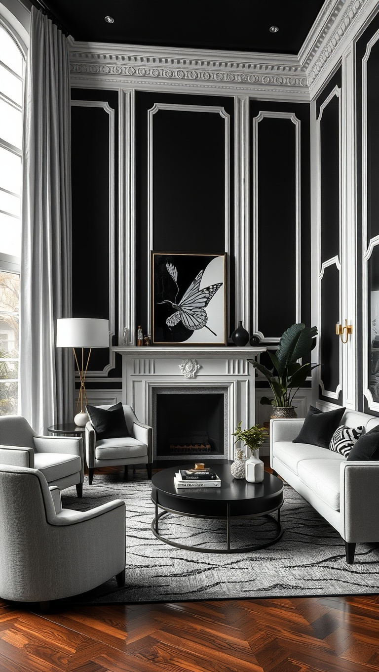 20 Stunning Ideas to Transform Your Living Room with Art Deco Flair - 14. Classic Black and White Color Schemes