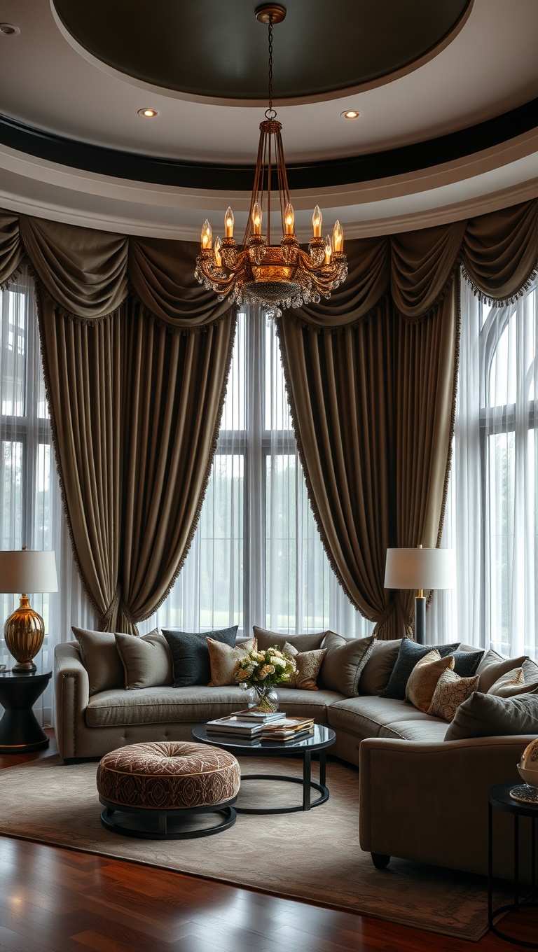 20 Stunning Ideas to Transform Your Living Room with Art Deco Flair - 10. Dramatic Drapes with Rich Fabrics