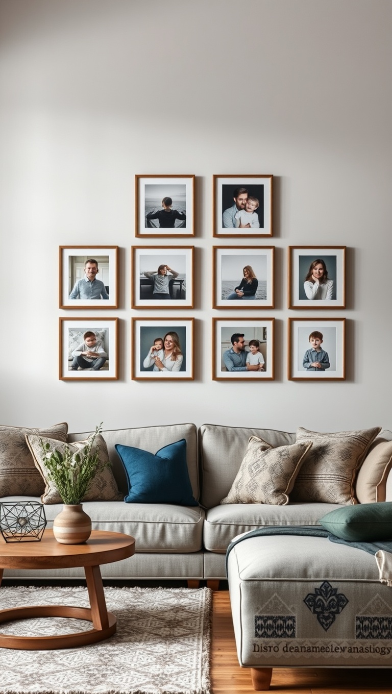 20 Creative Ideas for a Stunning Artisanal Living Room - 15. Custom Framed Family Photos for Personal Touch