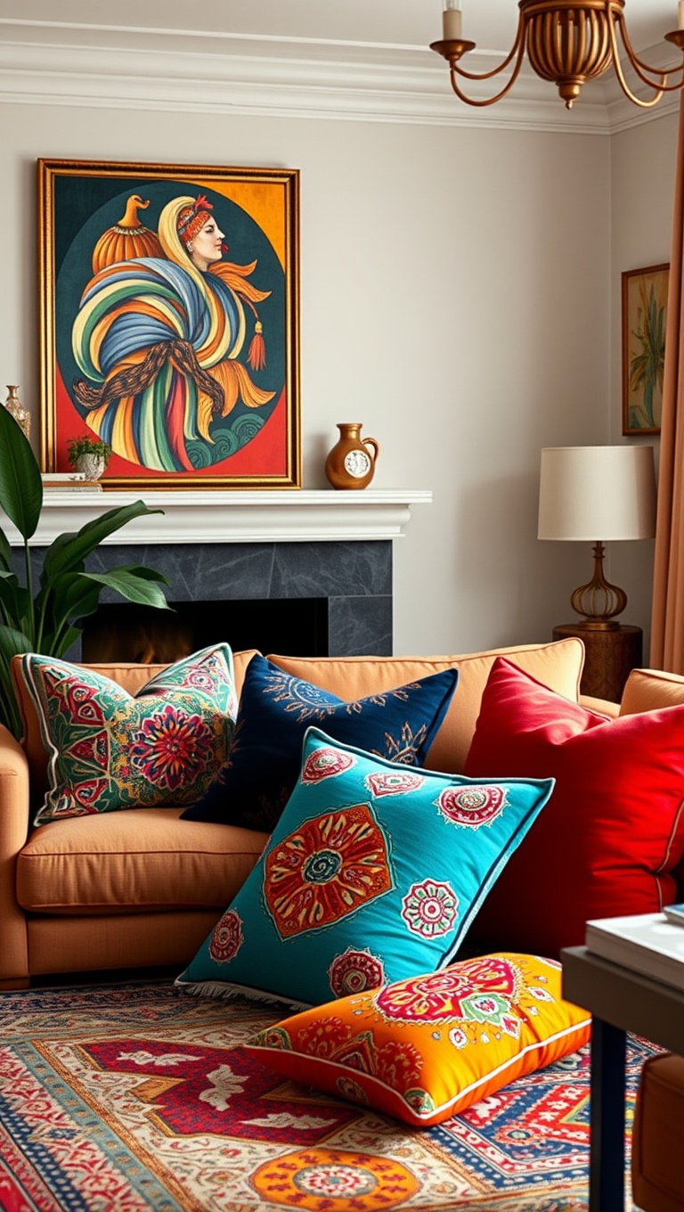 20 Dreamy Ideas for a Bohemian Glam Living Room - 3. Colorful Accent Pillows: Pop of Color