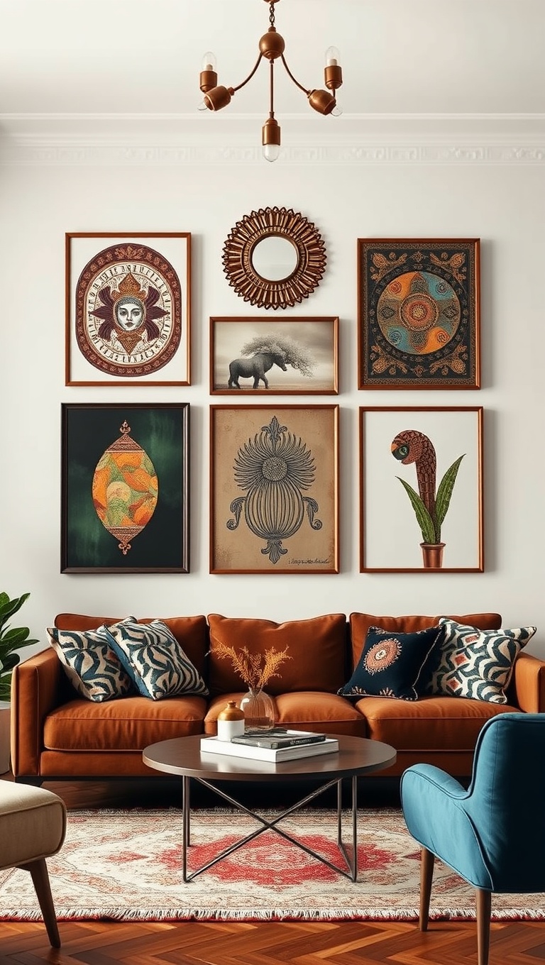 20 Dreamy Ideas for a Bohemian Glam Living Room - 4. Eclectic Wall Art: Gallery Wall Goals