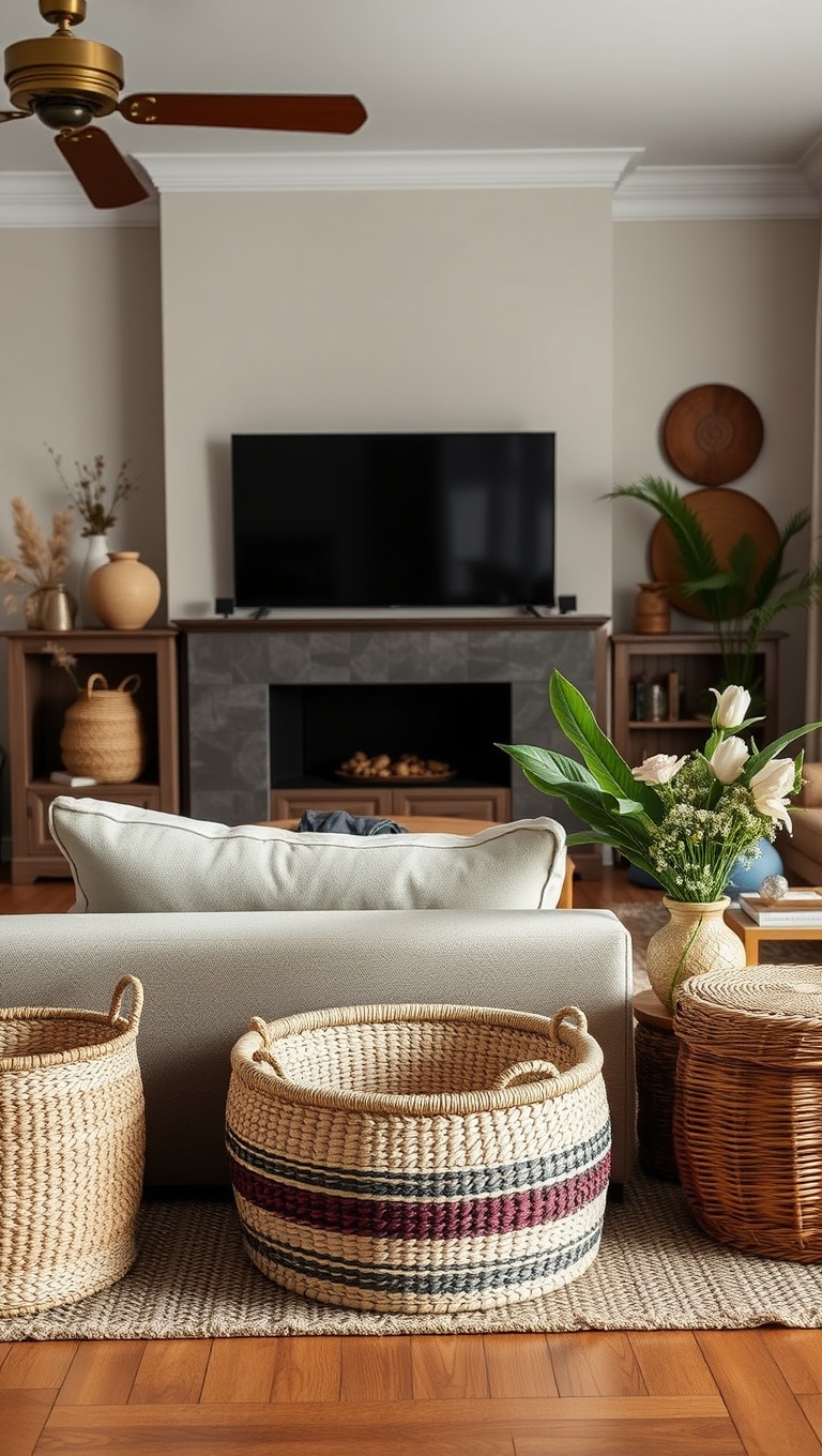 20 Dreamy Ideas for a Bohemian Glam Living Room - 17. Woven Baskets: Stylish Storage Solutions