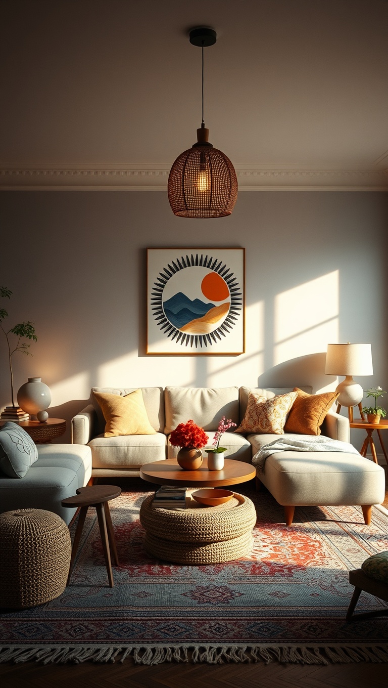 20 Dreamy Ideas for a Bohemian Glam Living Room - 19. Creative Lighting: Soft & Inviting