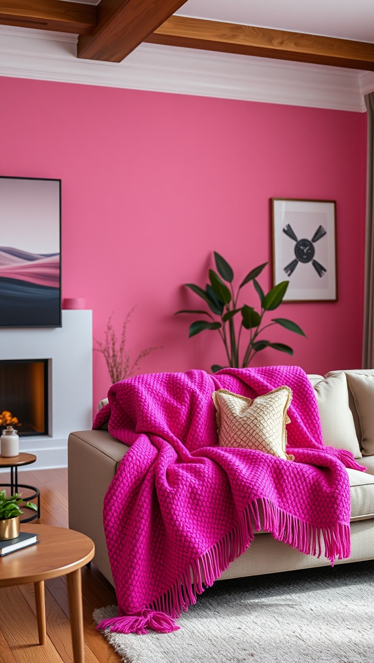 20 Vibrant Ideas to Transform Your Living Room with Bold Accent Colors - 10. A Cozy Fuchsia Blanket for Warmth and Style