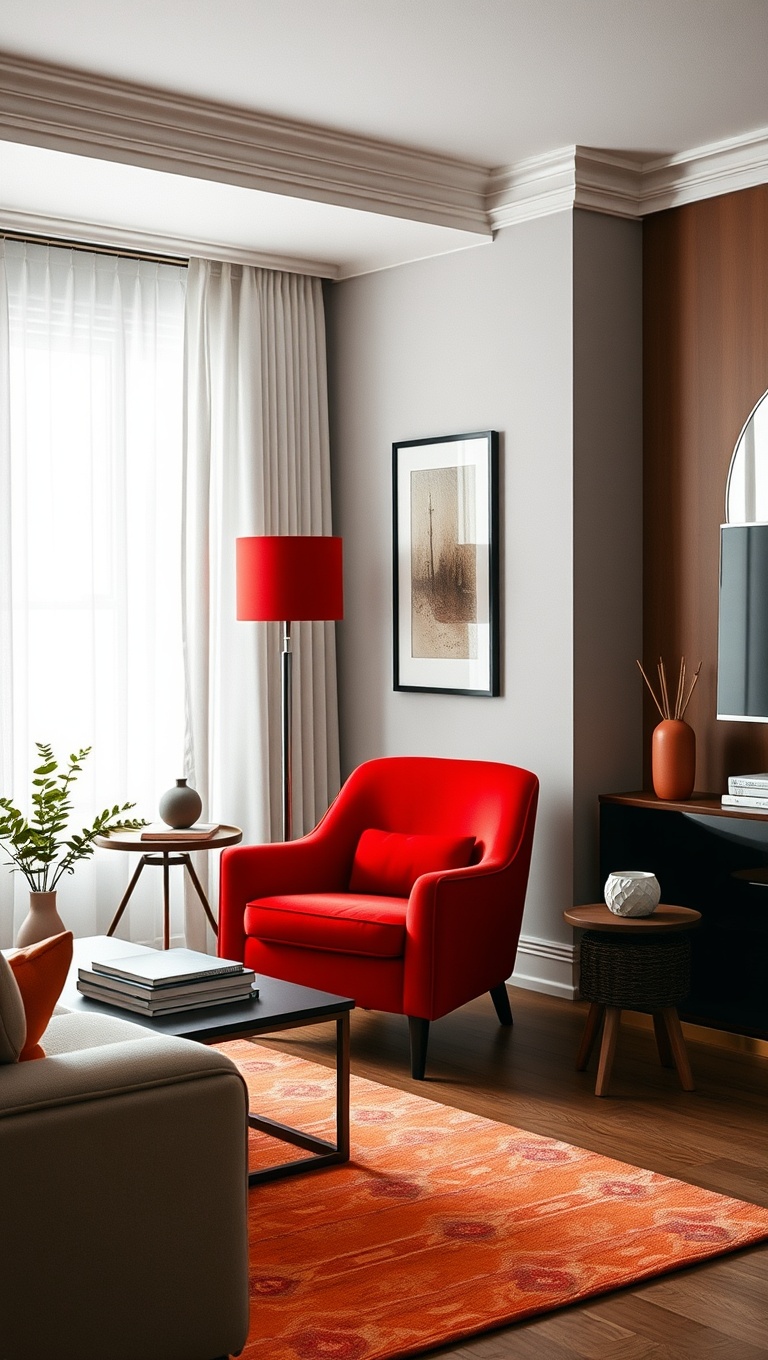 20 Vibrant Ideas to Transform Your Living Room with Bold Accent Colors - A Fiery Red Accent Chair to Spice Things Up