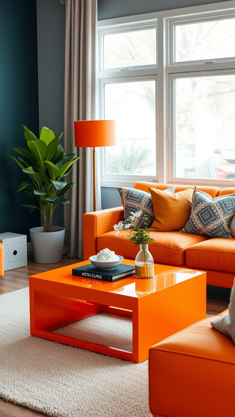 20 Vibrant Ideas to Transform Your Living Room with Bold Accent Colors - 12. A Bright Orange Coffee Table to Stand Out