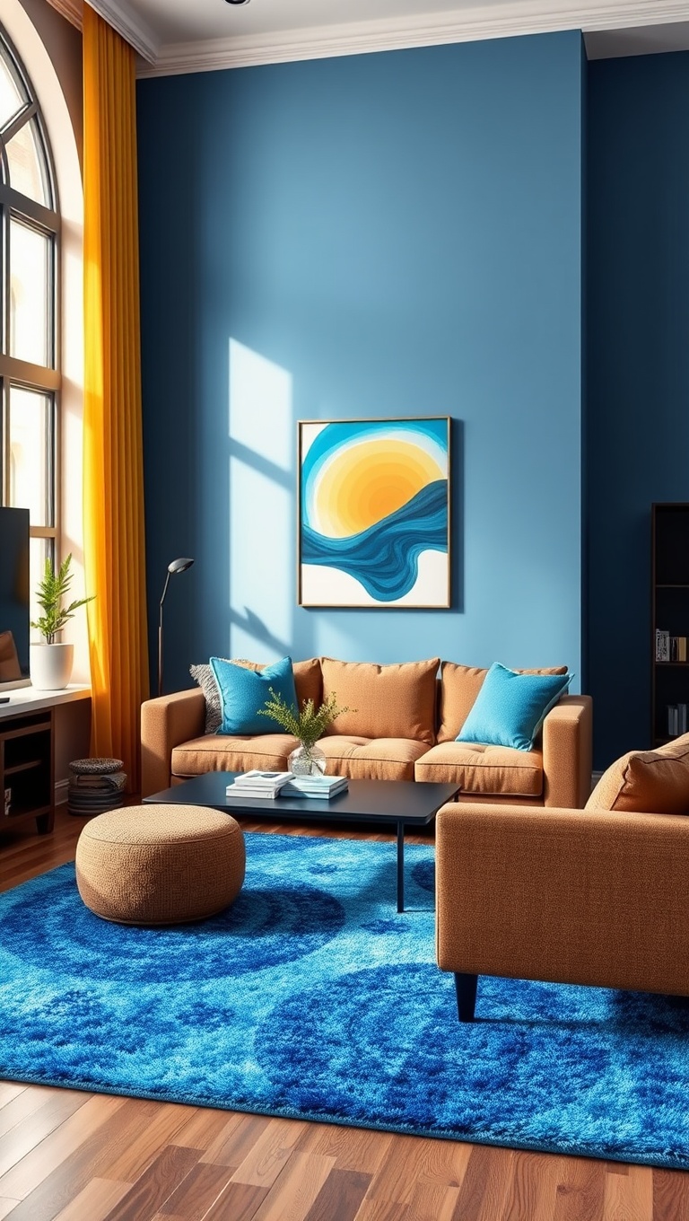 20 Vibrant Ideas to Transform Your Living Room with Bold Accent Colors - 3. Electric Blue Throw Rugs for a Fun Texture