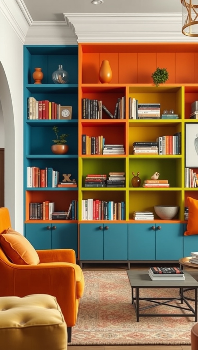 20 Vibrant Ideas to Transform Your Living Room with Bold Accent Colors - 15. Colorful Bookshelves to Showcase Your Style