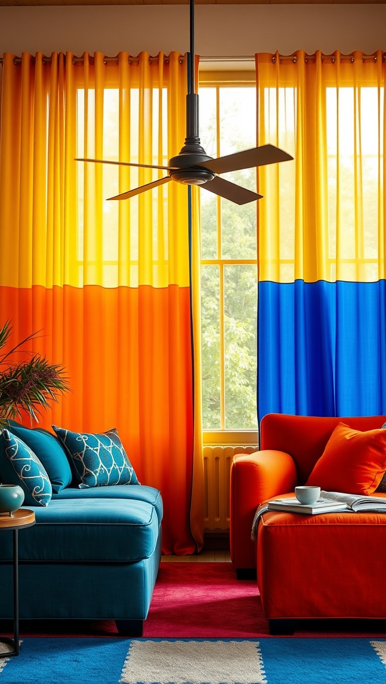 20 Vibrant Ideas to Transform Your Living Room with Bold Accent Colors - 6. Colorful Curtains to Frame Your View
