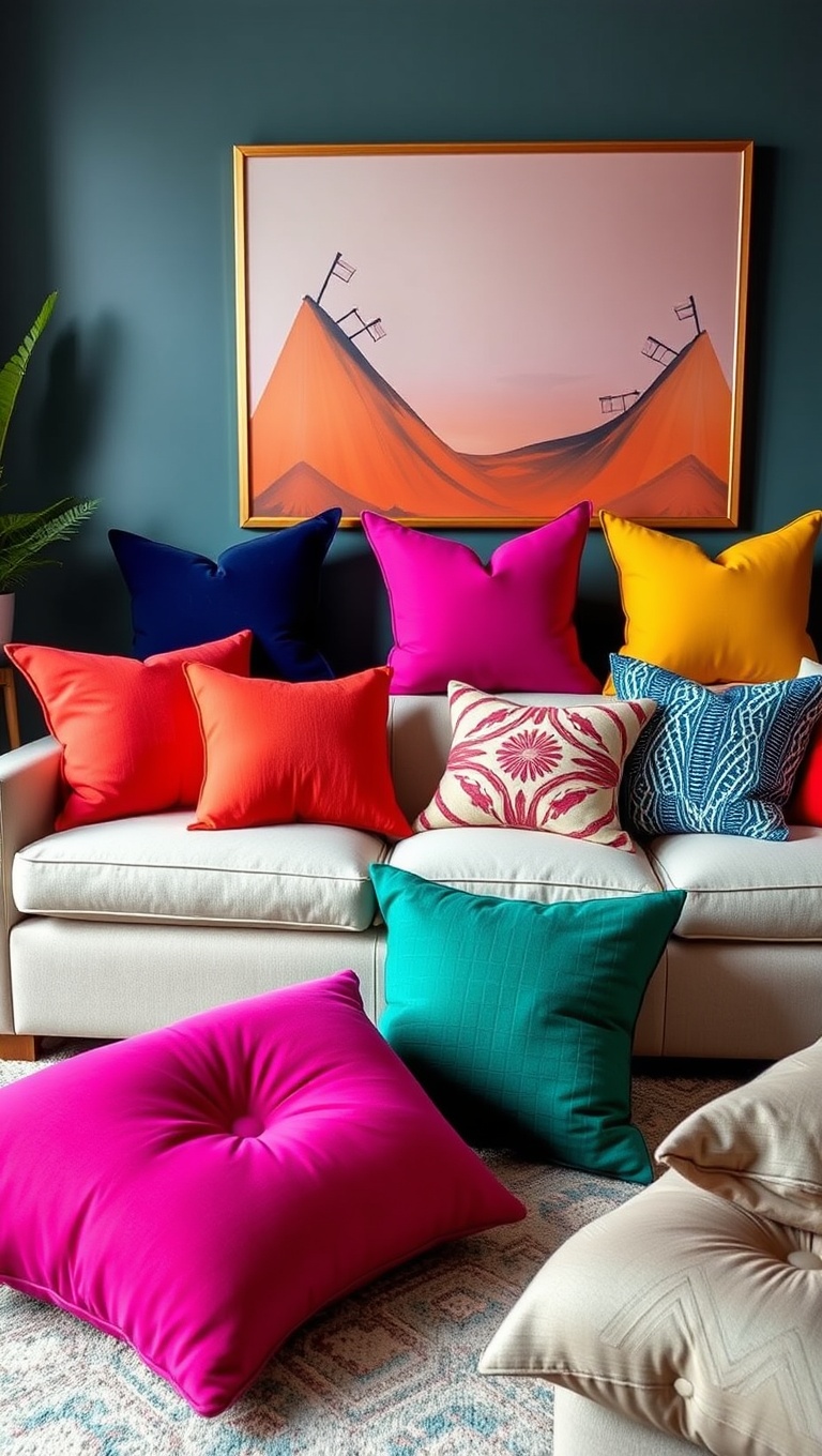 20 Vibrant Ideas to Transform Your Living Room with Bold Accent Colors - 13. Multicolored Throw Pillows for a Pop of Fun