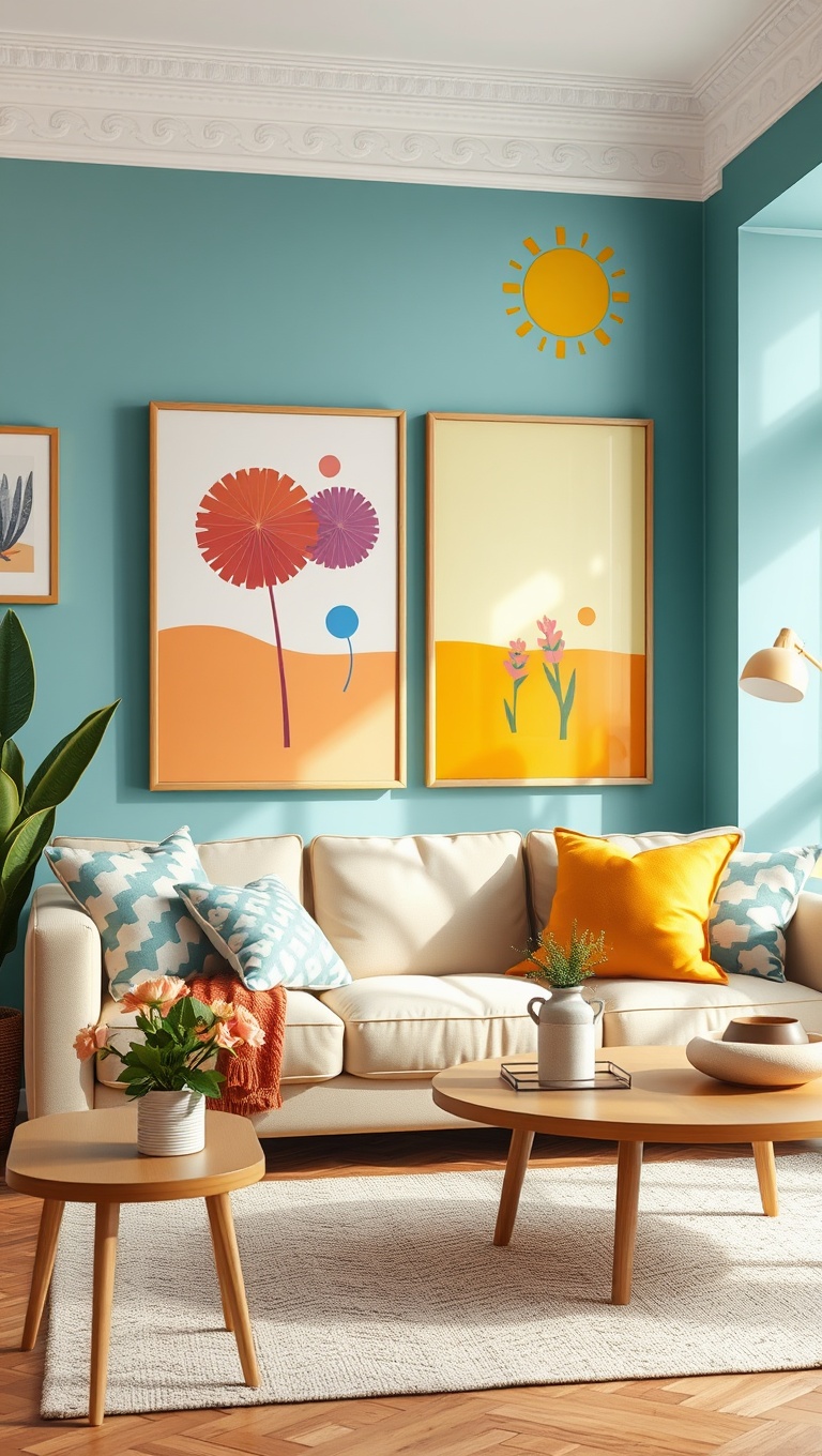 20 Bright and Cheerful Living Room Ideas to Spark Joy - 4. Use Whimsical Wall Art