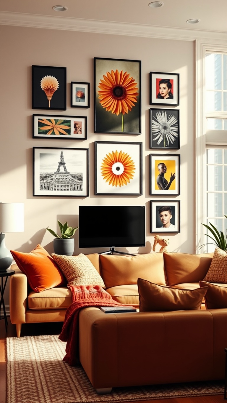 20 Bright and Cheerful Living Room Ideas to Spark Joy - 9. Create a Gallery Wall of Happiness