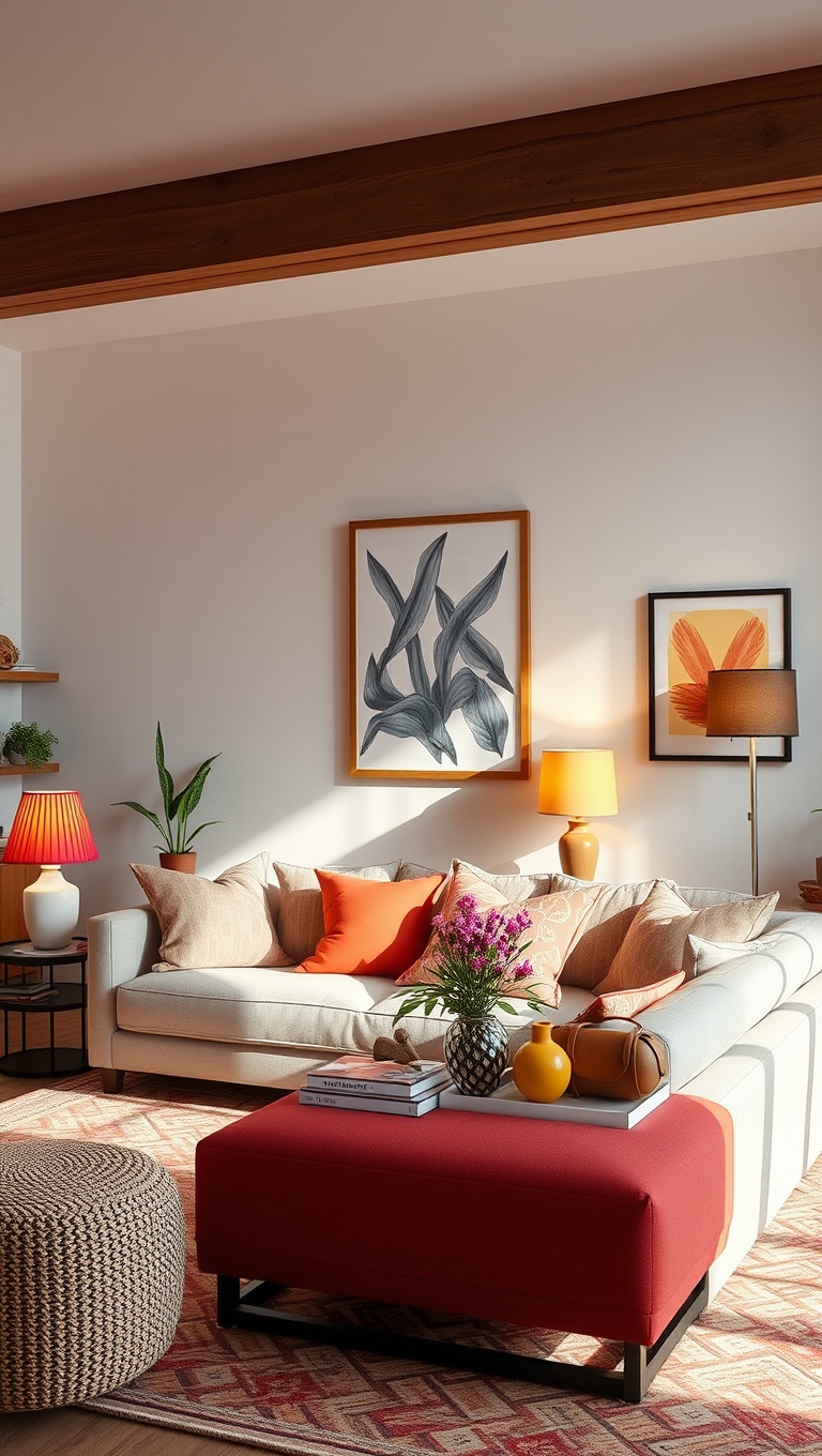 20 Bright and Cheerful Living Room Ideas to Spark Joy - 5. Light Up Your Space with Colorful Lamps
