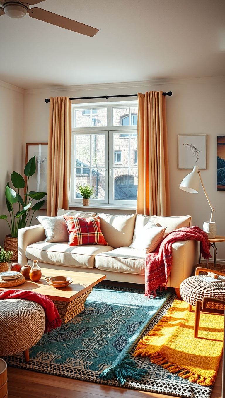 20 Bright and Cheerful Living Room Ideas to Spark Joy - 15. Use Bright Throw Blankets for Coziness