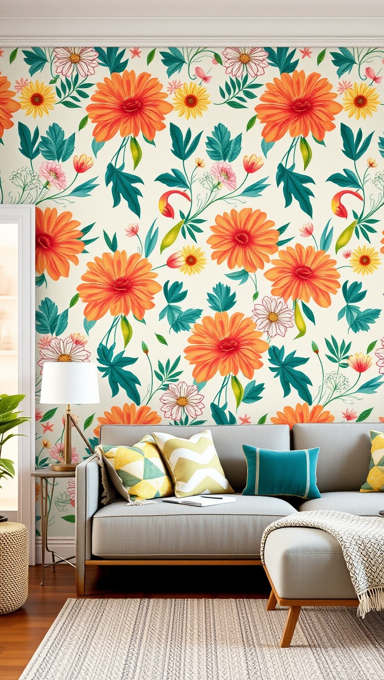 20 Bright and Cheerful Living Room Ideas to Spark Joy - 19. Add a Fun Accent Wall with Wallpaper
