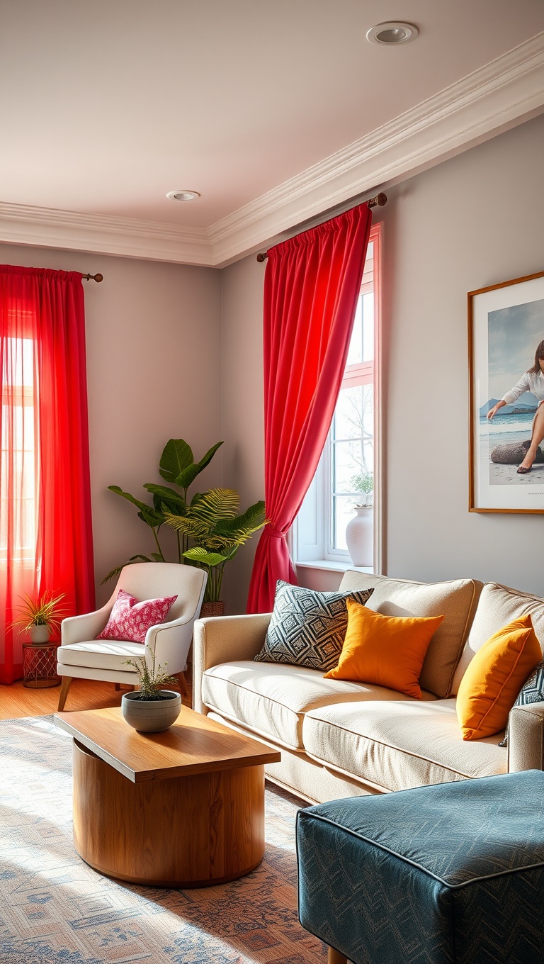 20 Bright and Cheerful Living Room Ideas to Spark Joy - 10. Use Colorful Curtains for a Pop of Fun