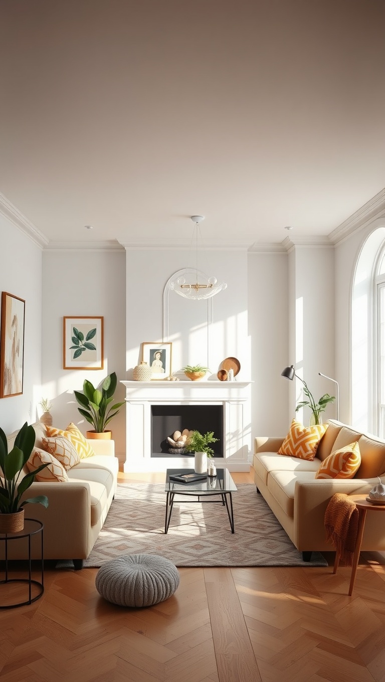 20 Bright and Cheerful Living Room Ideas to Spark Joy - 13. Play with Light: Use Mirrors