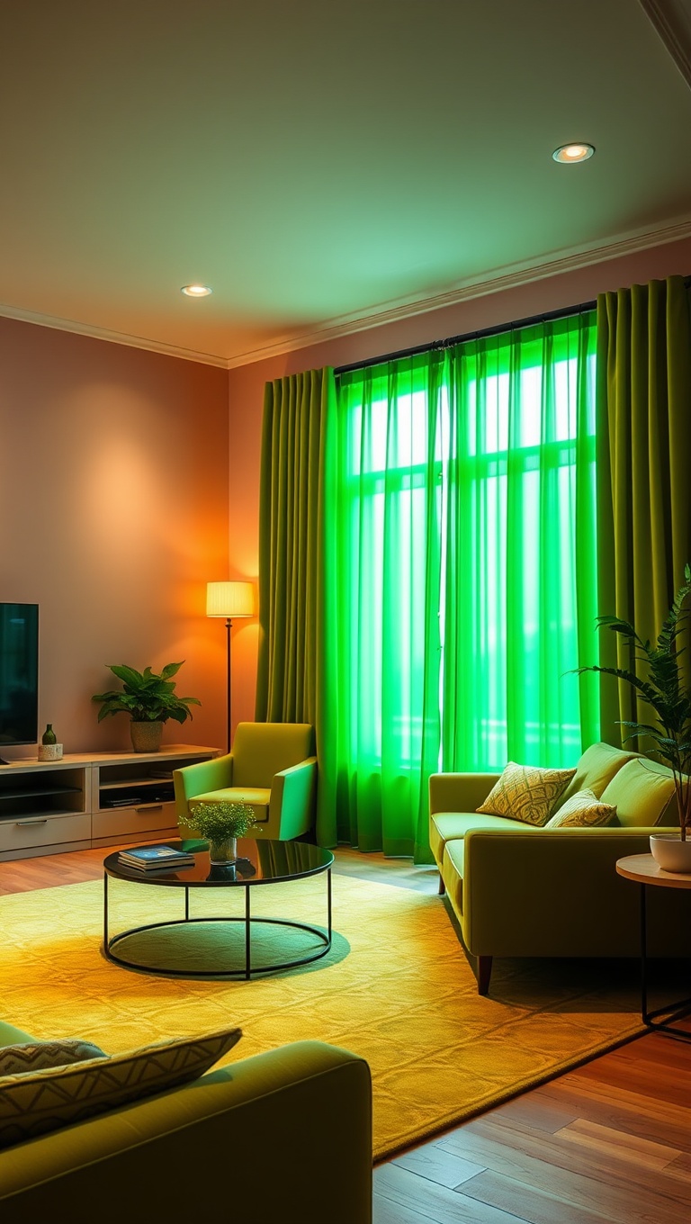 20 Fresh Ideas for a Bright Green Accent Living Room - 6. Cheerful Green Curtains