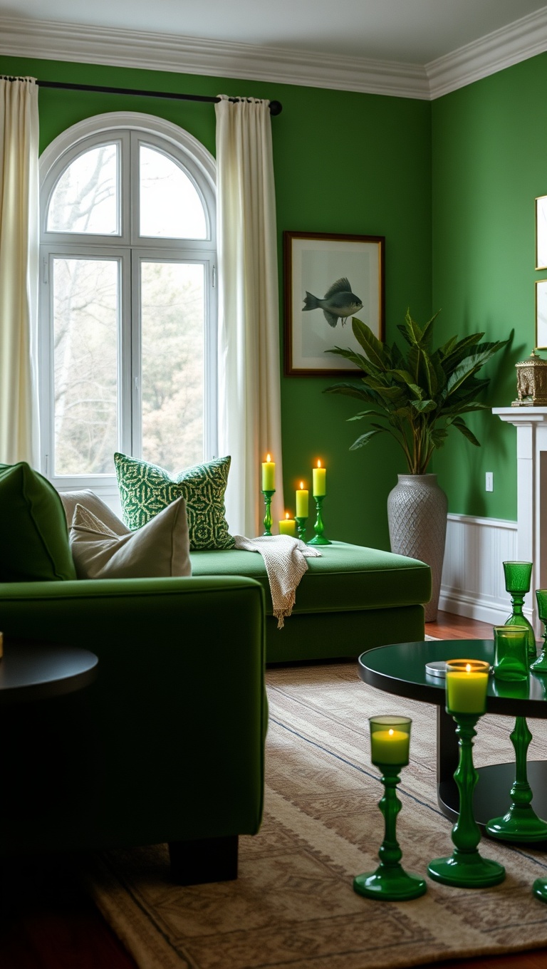 20 Fresh Ideas for a Bright Green Accent Living Room - 18. Colorful Green Candle Holders