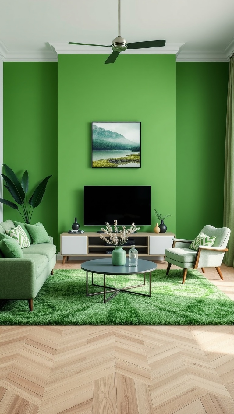 20 Fresh Ideas for a Bright Green Accent Living Room - 4. Stylish Green Rugs