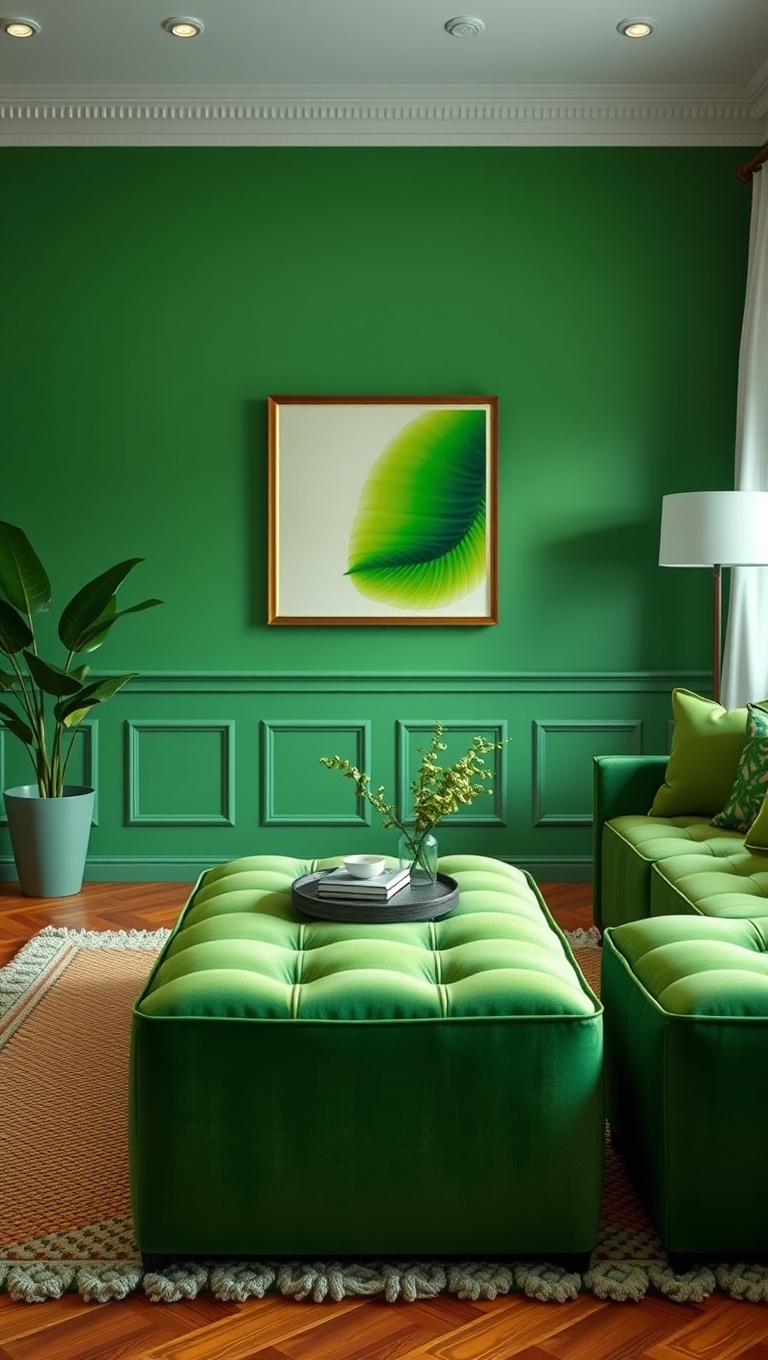 20 Fresh Ideas for a Bright Green Accent Living Room - 19. Green Upholstered Ottomans