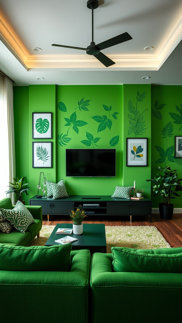 20 Fresh Ideas for a Bright Green Accent Living Room - 16. Green Wall Stencils