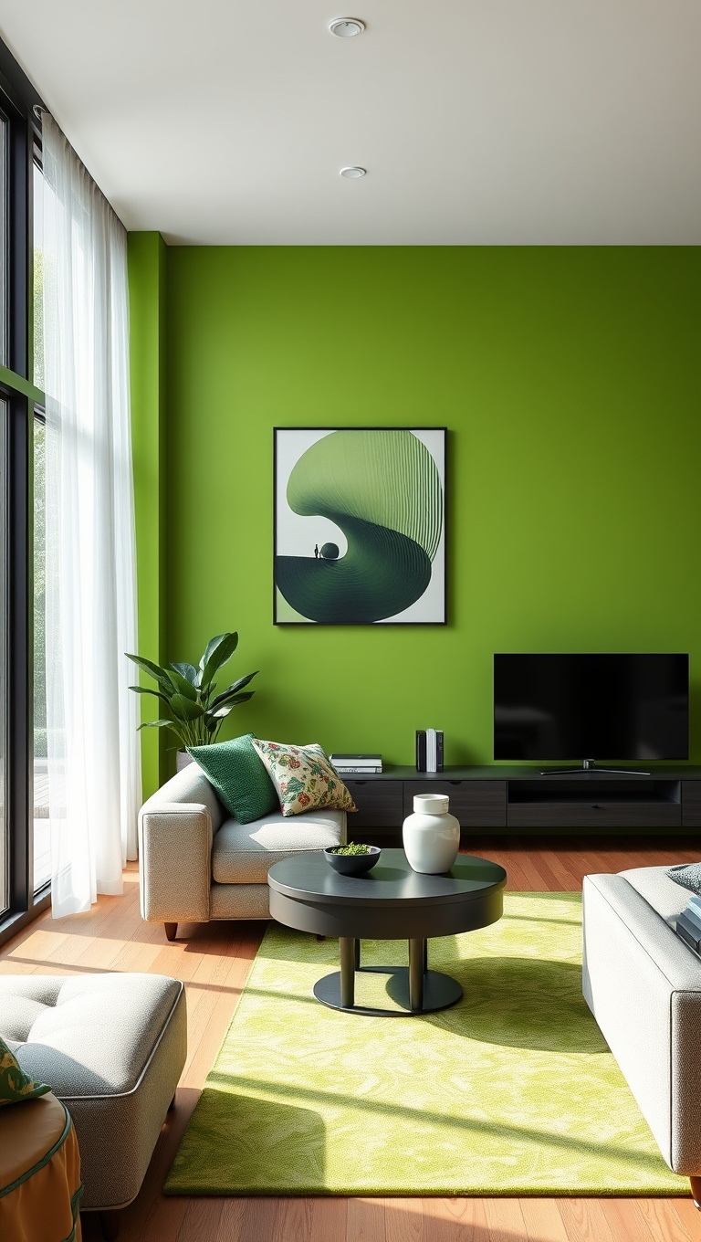 20 Fresh Ideas for a Bright Green Accent Living Room - 2. Bright Green Accent Wall