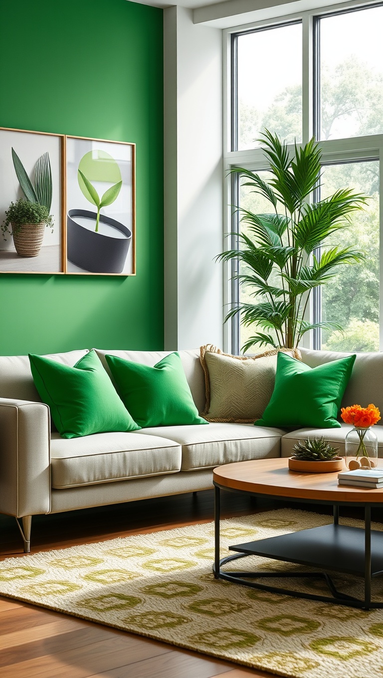 20 Fresh Ideas for a Bright Green Accent Living Room - 1. Lively Green Throw Pillows