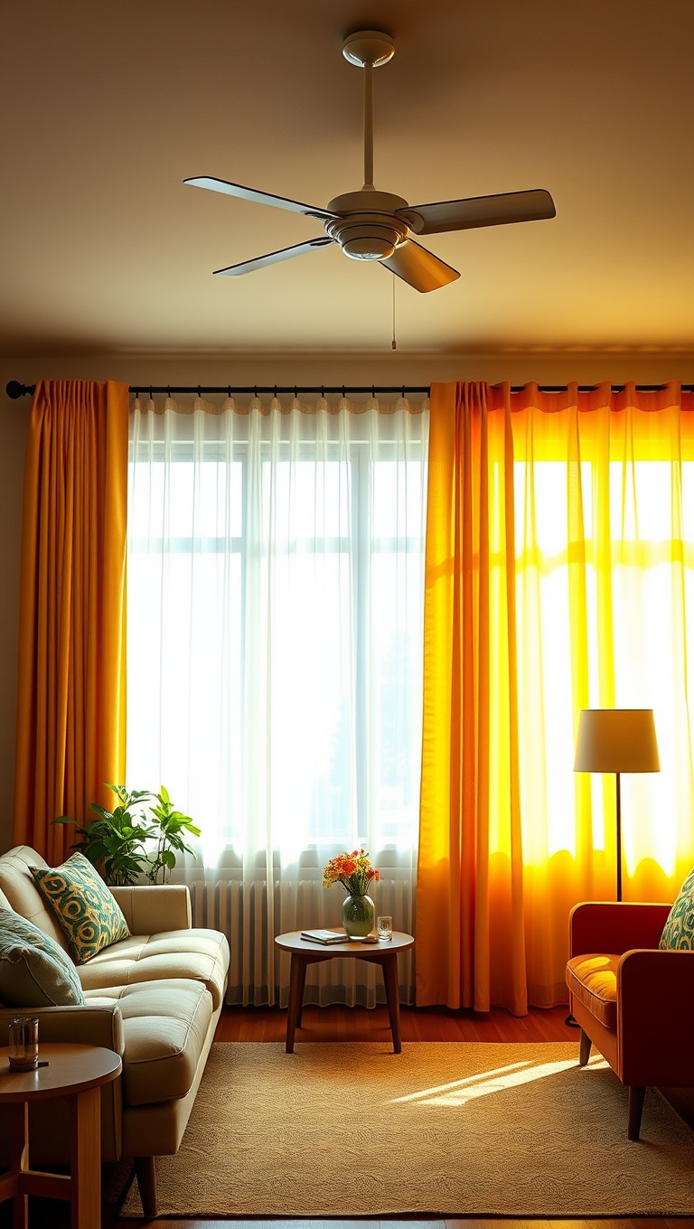 20 Bright Retro Living Room Ideas to Bring Back the Fun! - 13. Statement Curtains: Frame Your Windows Brightly