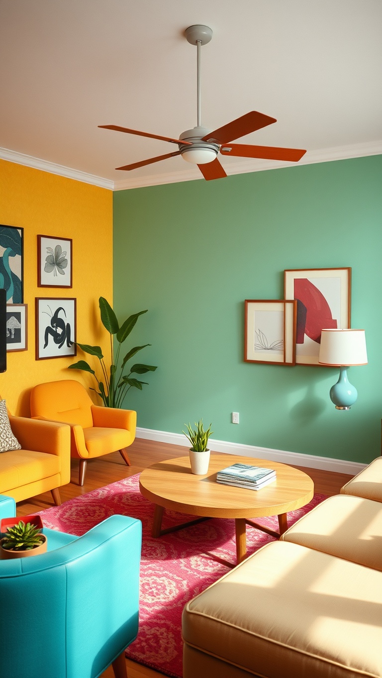 20 Bright Retro Living Room Ideas to Bring Back the Fun! - 1. Pop of Color: Choose Bold Accent Walls