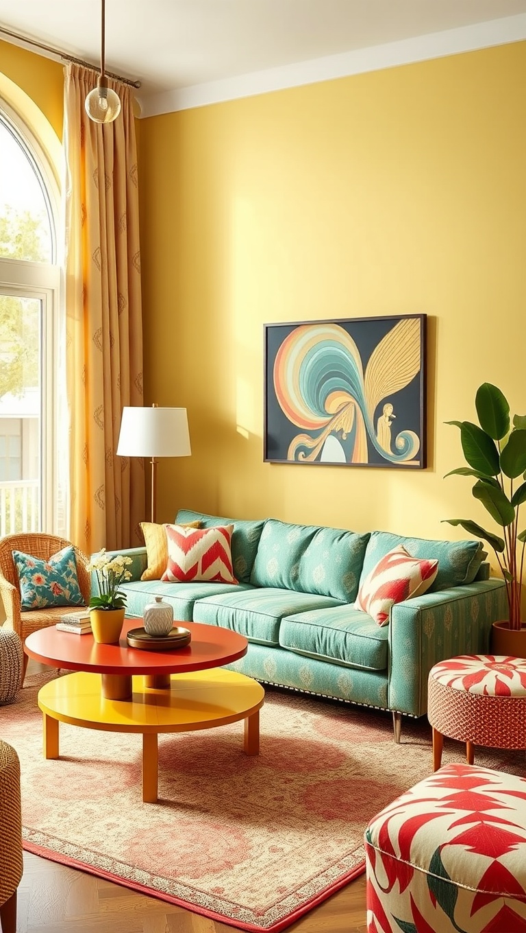 20 Bright Retro Living Room Ideas to Bring Back the Fun! - 5. Fun Fabrics: Use Bold Prints for Upholstery