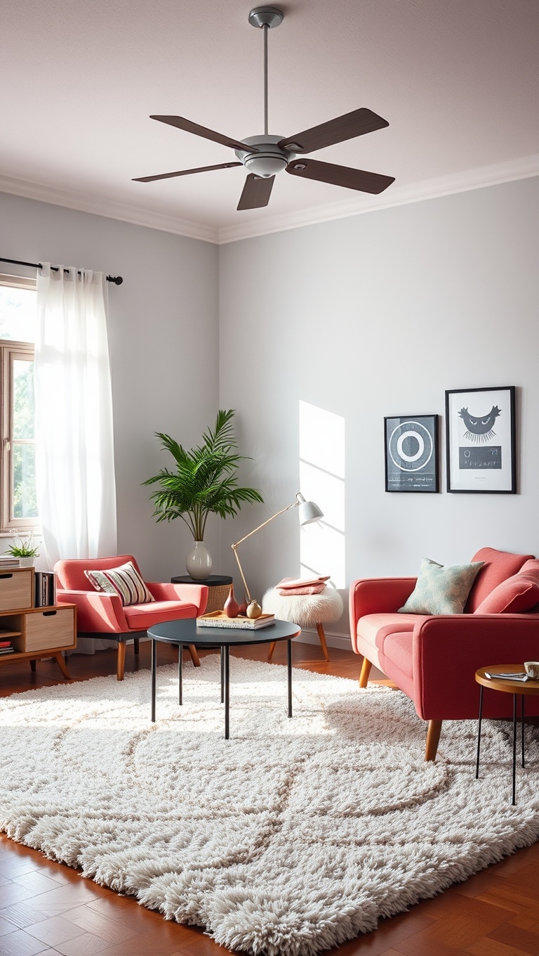 20 Bright Retro Living Room Ideas to Bring Back the Fun! - 6. Fluffy Rugs: Add Texture with Shaggy Styles