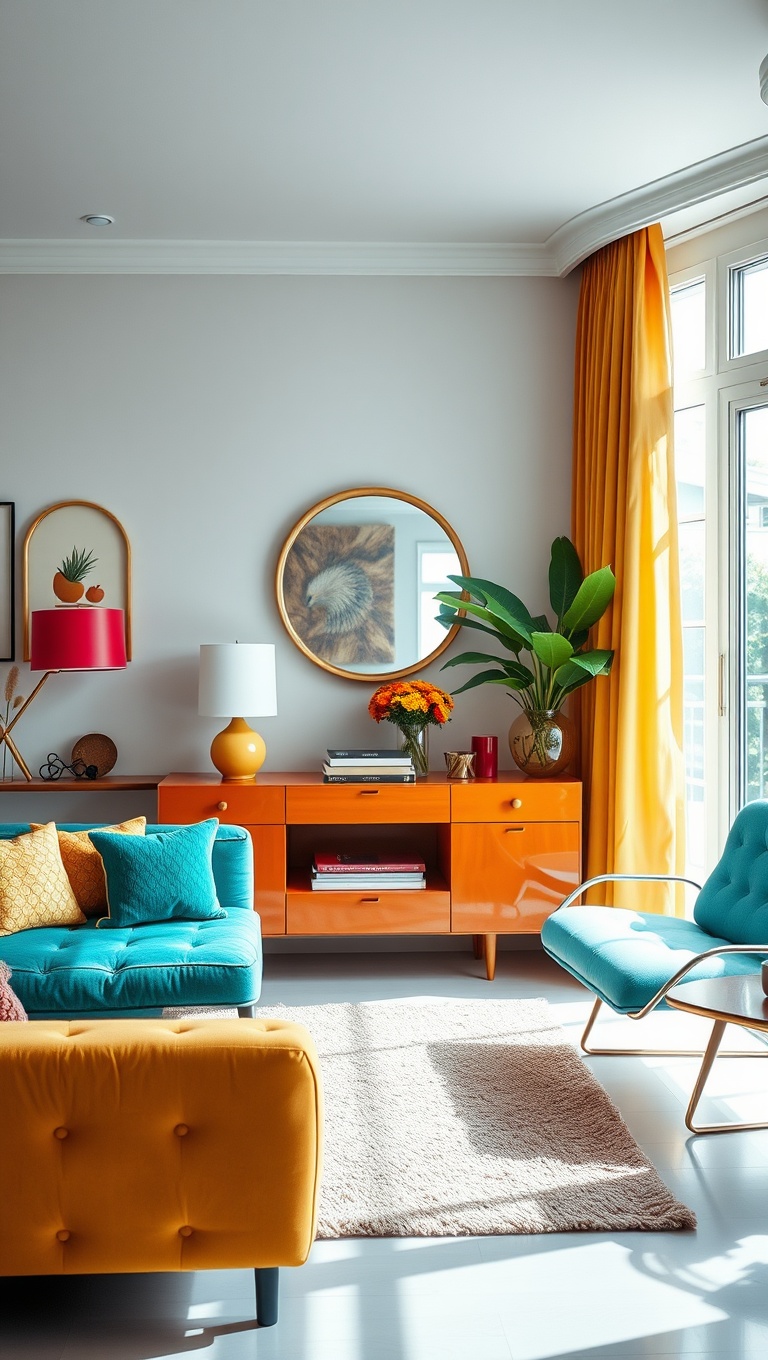 20 Bright Retro Living Room Ideas to Bring Back the Fun! - 17. Bright Mirrors: Reflect Light and Color