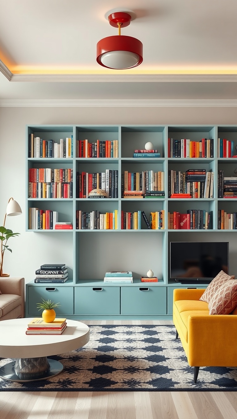 20 Bright Retro Living Room Ideas to Bring Back the Fun! - 18. Colorful Bookshelves: Showcase Your Collection