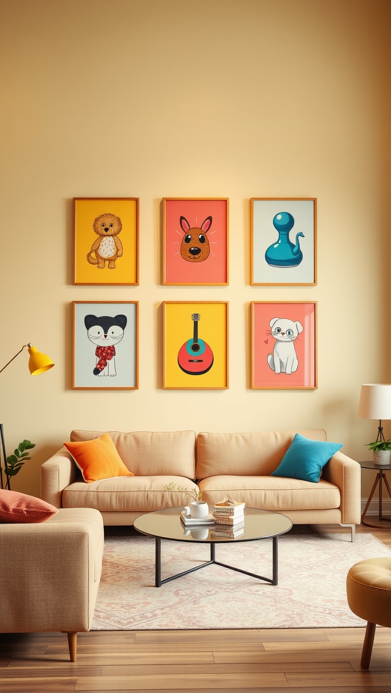 20 Bright Retro Living Room Ideas to Bring Back the Fun! - 8. Whimsical Wall Art: Hang Up Fun Prints