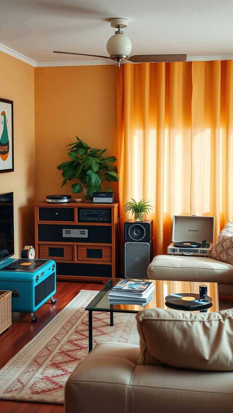 20 Bright Retro Living Room Ideas to Bring Back the Fun! - 16. Retro Record Players: Add a Musical Touch