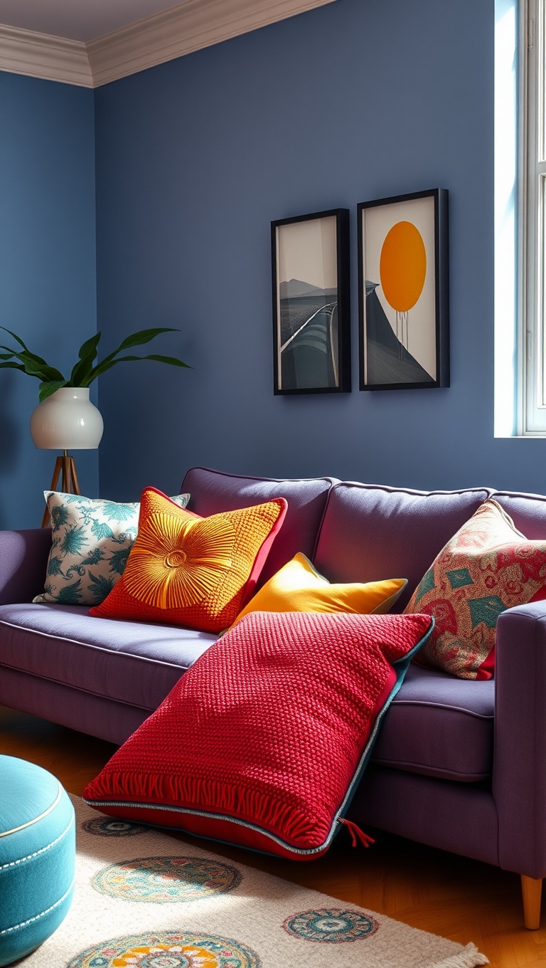 20 Bright Retro Living Room Ideas to Bring Back the Fun! - 14. Playful Pillows: Layer with Fun Textures