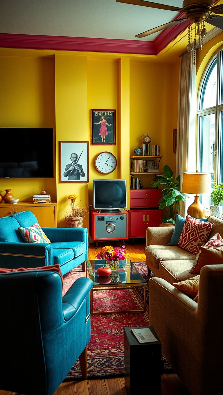 20 Bright Retro Living Room Ideas to Bring Back the Fun! - 9. Funky Accessories: Decorate with Vintage Finds