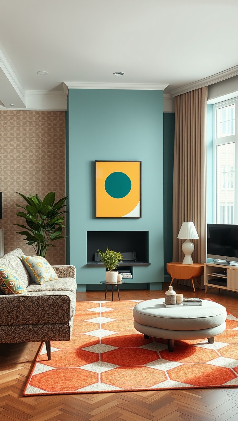 20 Bright Retro Living Room Ideas to Bring Back the Fun! - 3. Geometric Patterns: Embrace Retro Shapes