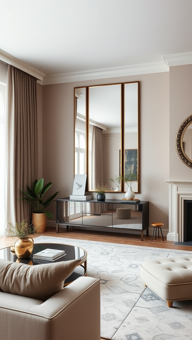 20 Chic Ideas for a Stunning Neutral Palette Living Room - 16. Transformative Mirrors: Reflecting Style