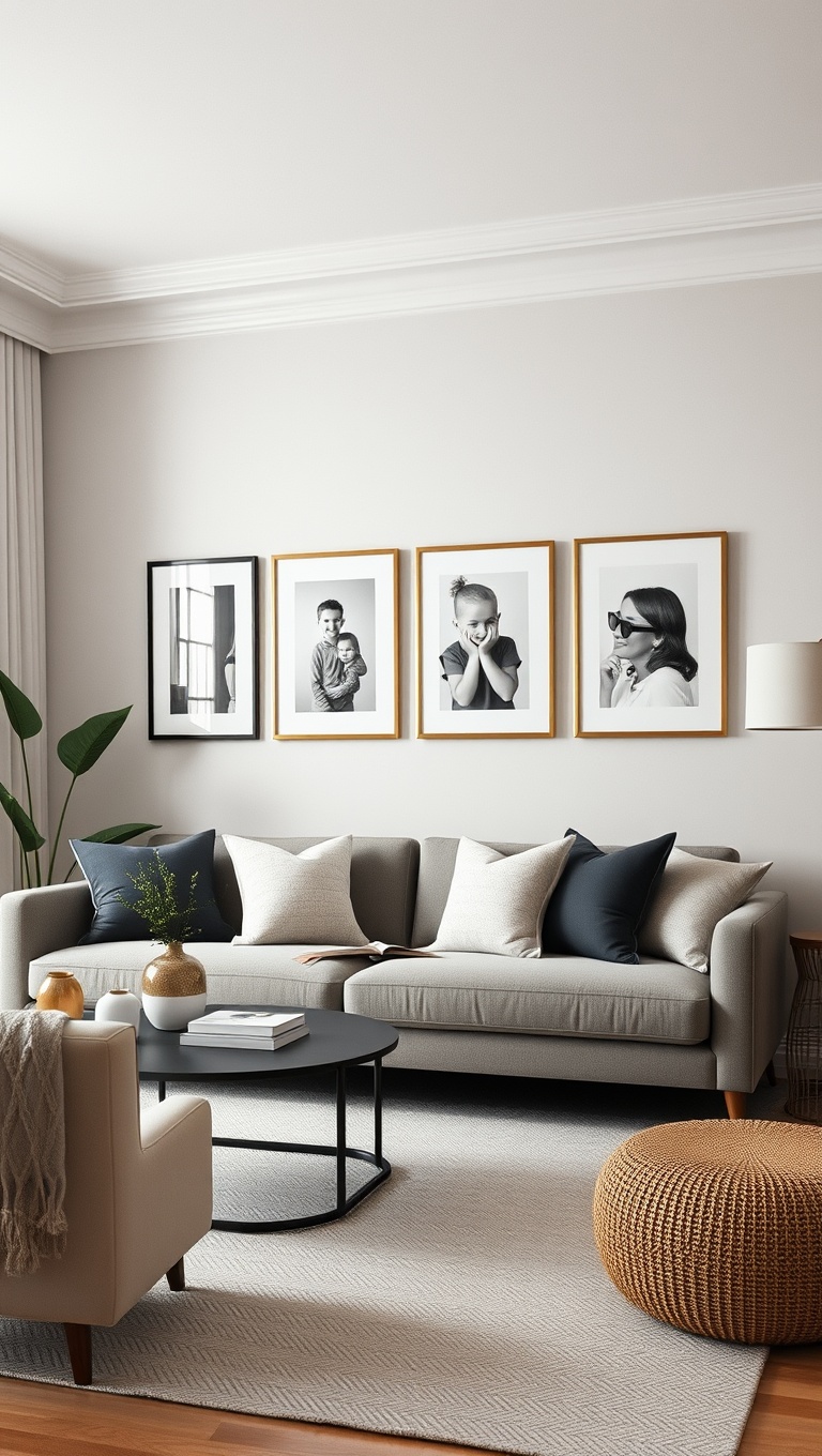 20 Chic Ideas for a Stunning Neutral Palette Living Room - 19. Personal Touches: Family Photos in Simple Frames