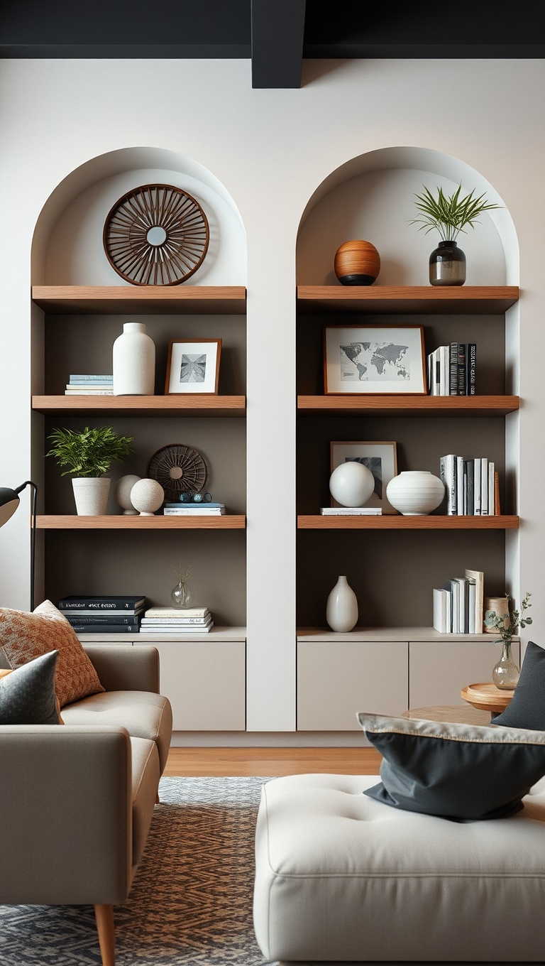 20 Chic Ideas for Urban Living Rooms That Inspire - 19. Showcase Your Style with an Open Shelf Display
