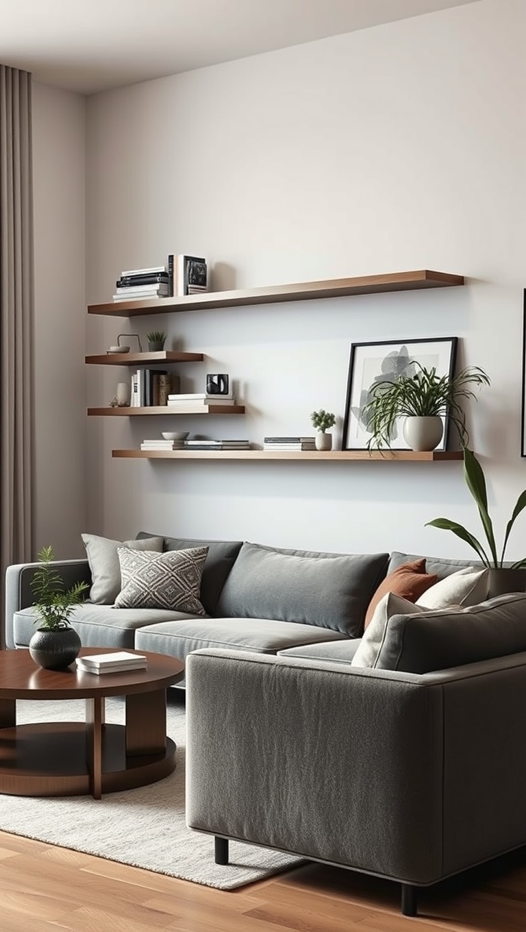 20 Chic Ideas for Urban Living Rooms That Inspire - 14. Experiment with Floating Shelves