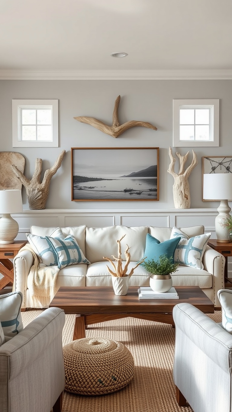 20 Breezy Ideas for Your Coastal Farmhouse Living Room - 18. Driftwood Decor Pieces