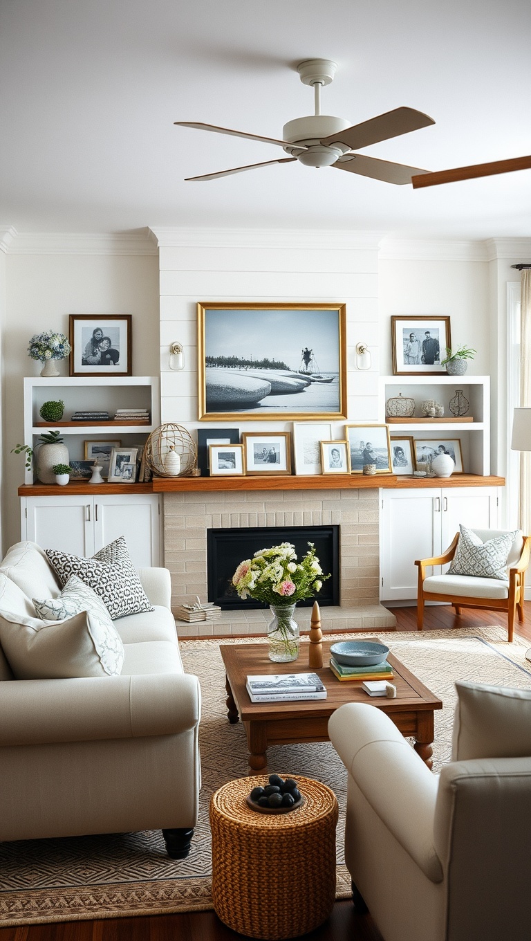 20 Breezy Ideas for Your Coastal Farmhouse Living Room - 20. Personal Touches with Family Photos